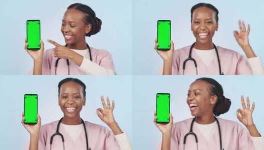 医生，微笑和绿屏电话，好的，指着移动设备高清在线视频素材下载