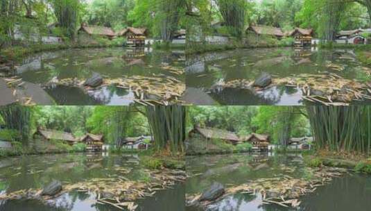 成都杜甫草堂草屋池塘竹林下雨天空镜高清在线视频素材下载