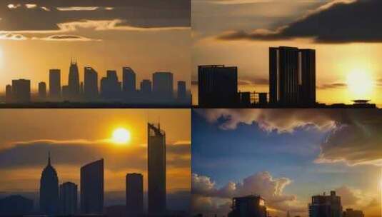 城市建筑高楼大厦剪影日出日落晚霞高清在线视频素材下载