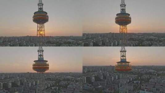 上海嘉定电视塔城市傍晚夕阳日落航拍高清在线视频素材下载