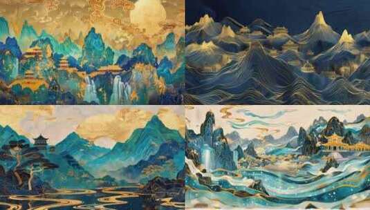 中国山水画 鎏金 古风背景 舞台背景高清在线视频素材下载