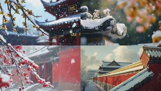 中国古代建筑 宫殿 梅花 雪景特写高清在线视频素材下载