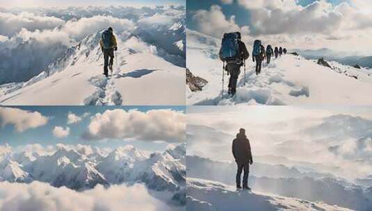 雪山徒步旅行者队伍前行画面高清在线视频素材下载