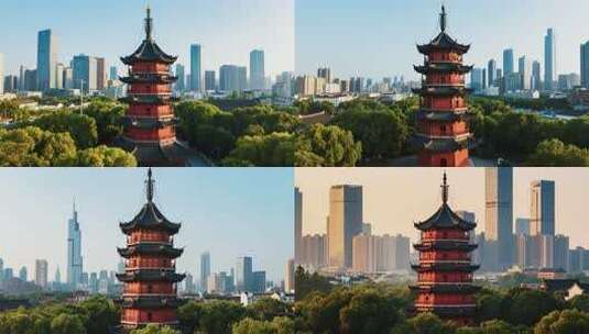 城市中古建筑塔楼与现代建筑景观高清在线视频素材下载