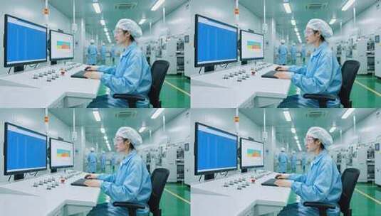 女工于无尘车间操控电脑设备高清在线视频素材下载