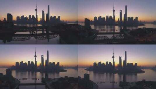 黎明时分的上海天际线与陆家嘴区和外白渡桥高清在线视频素材下载