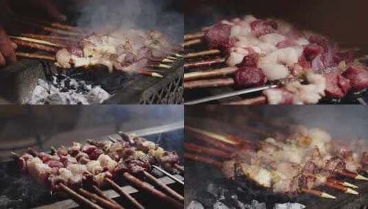 新疆羊肉串 烤串 烧烤 红柳 烟火气 路边摊高清在线视频素材下载