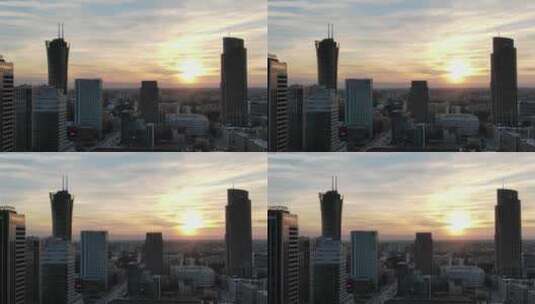 无人机拍摄的日落时分的高层建筑高清在线视频素材下载
