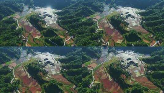 航拍山巅世外桃源土家族古寨梯田高清在线视频素材下载