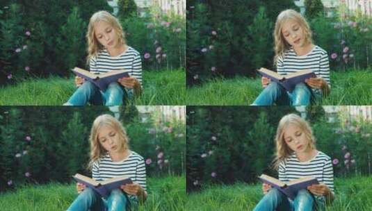 漂亮的女孩坐在草地上看书高清在线视频素材下载