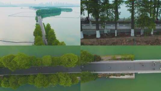 航拍武汉东湖湖中路游人高清在线视频素材下载