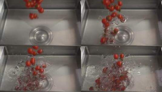 圣女果水果西红柿掉入水中高速升格画面高清在线视频素材下载