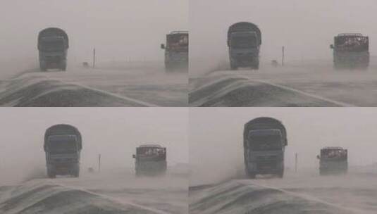 新疆沙尘天气 公路卷沙 气势汹汹的大货车高清在线视频素材下载