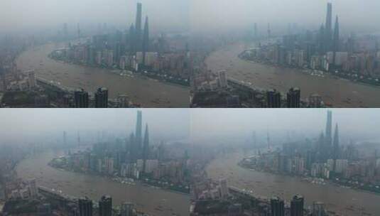 雾霾天的上海陆家嘴航拍高清在线视频素材下载