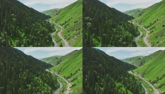 航拍新疆草原森林河流风景高清在线视频素材下载