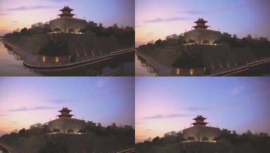 高清落日下的西安著名旅游景点明城墙高清在线视频素材下载