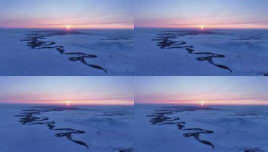 航拍4K草原河湾雪景暮色高清在线视频素材下载