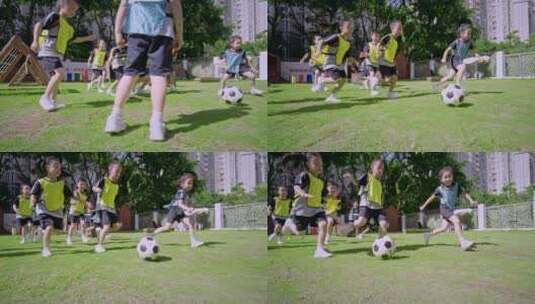 幼儿园一群小孩子围在一起踢足球高清在线视频素材下载