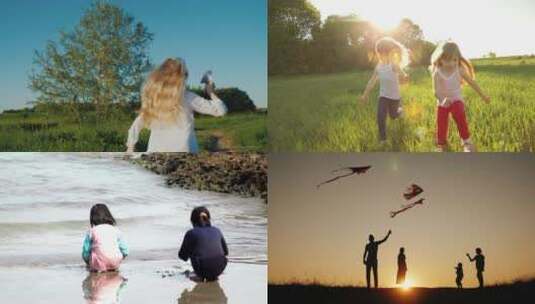 儿童节 孩子在草地奔跑海边游玩放风筝 视频合集高清在线视频素材下载