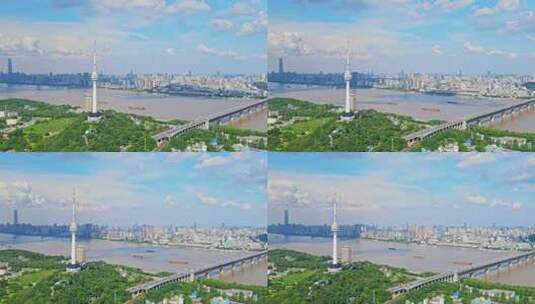 武汉长江大桥龟山电视塔航拍延时高清在线视频素材下载