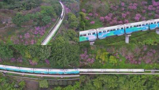 重庆佛图关开往春天的列车航拍2023年高清在线视频素材下载