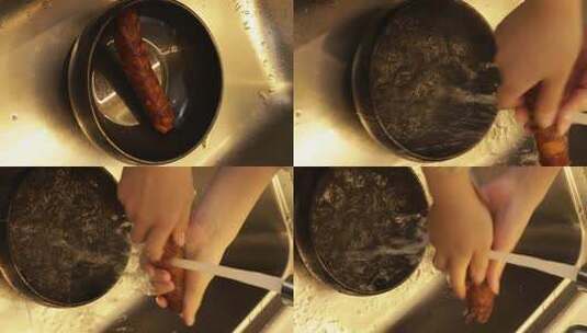 红肠炒菜花清洗红肠-流动的水清洗高清在线视频素材下载