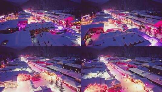 中国黑龙江雪乡夜景航拍高清在线视频素材下载