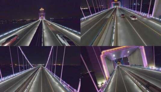 穿越机航拍扬州万福大桥夜景车流灯光高清在线视频素材下载