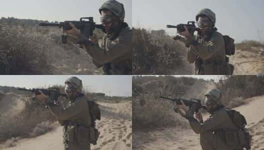 士兵拿着步枪在沙丘上巡逻高清在线视频素材下载