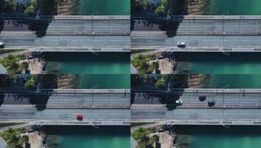 汽车和行人穿过横跨清水风景小溪的桥梁。无人机视图d高清在线视频素材下载