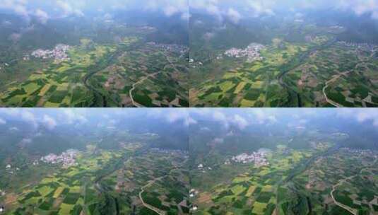 秋天的早晨桂林喀斯特地貌山间的村庄和稻田高清在线视频素材下载
