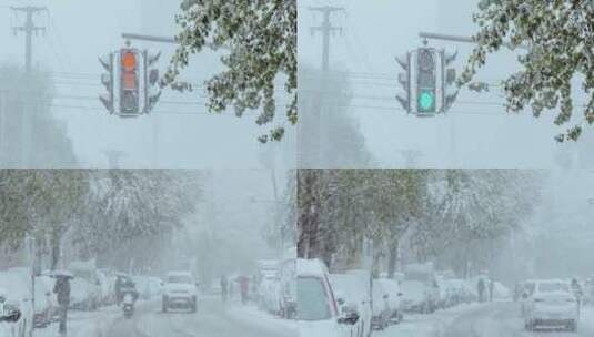 大雪红绿灯信号灯马路车辆行人风雪冬季寒潮高清在线视频素材下载