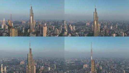 晨光照射在江苏省南京市地标建筑紫峰大厦高清在线视频素材下载