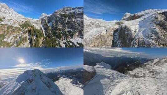 FPV穿越机无人机航拍雪山森林云朵蓝天日出高清在线视频素材下载