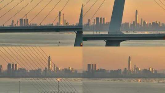 航拍深圳湾公路大桥与城市天际线高清在线视频素材下载
