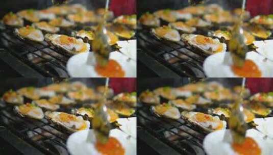 海鲜烧烤牡蛎生蚝美食夜市高清在线视频素材下载