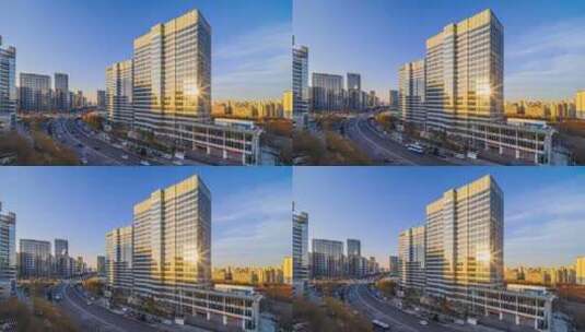 北京望京SOHO早晨阳光车流建筑延时高清在线视频素材下载