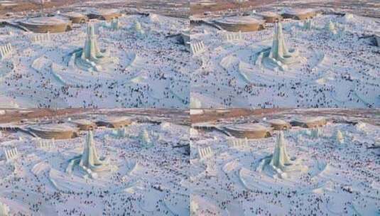 中国黑龙江哈尔滨冰雪大世界航拍高清在线视频素材下载