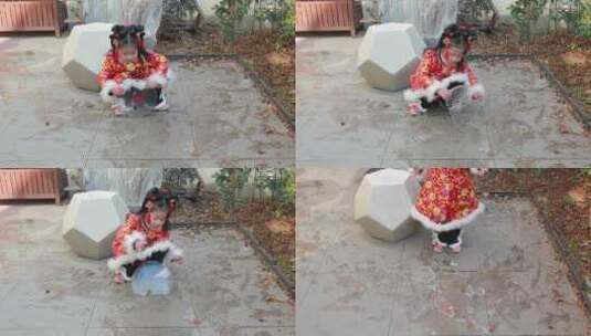 漂亮小女孩在院子里玩冰块高清在线视频素材下载