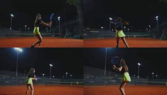 美丽的年轻女网球运动员在户外球场进行夜间高清在线视频素材下载