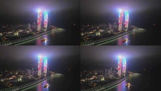 厦门双子塔夜景云雾航拍高清在线视频素材下载
