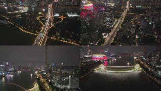 广州大桥海心桥夜景航拍车流交通广州大道夜高清在线视频素材下载