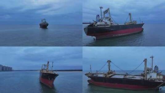 海南龙港海滩搁浅货船航拍高清在线视频素材下载