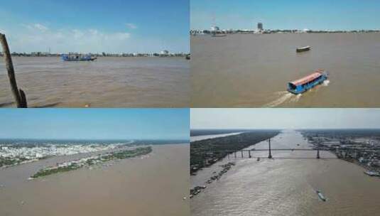 湄公河航拍湄公河入海口湄公河拉赫缪桥高清在线视频素材下载