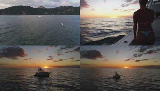 比基尼美女游艇上看日出航行出海大海白云高清在线视频素材下载