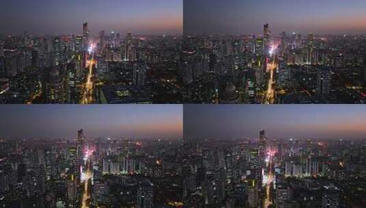 江苏南京CBD紫峰大厦建筑群夜景航拍高清在线视频素材下载