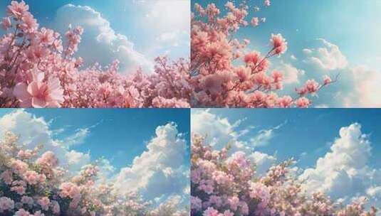 蓝天白云下鲜花绽放 春天生机勃勃背景影片高清在线视频素材下载