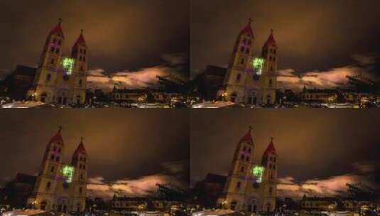 青岛天主教堂的灯光秀高清在线视频素材下载