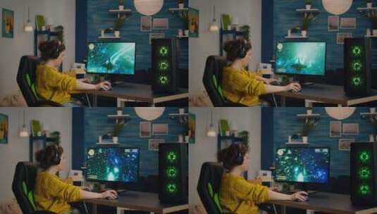 戴耳机的女玩家在玩游戏高清在线视频素材下载