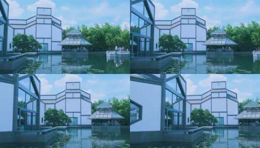 苏州博物馆白色中式建筑与传统水景庭院高清在线视频素材下载